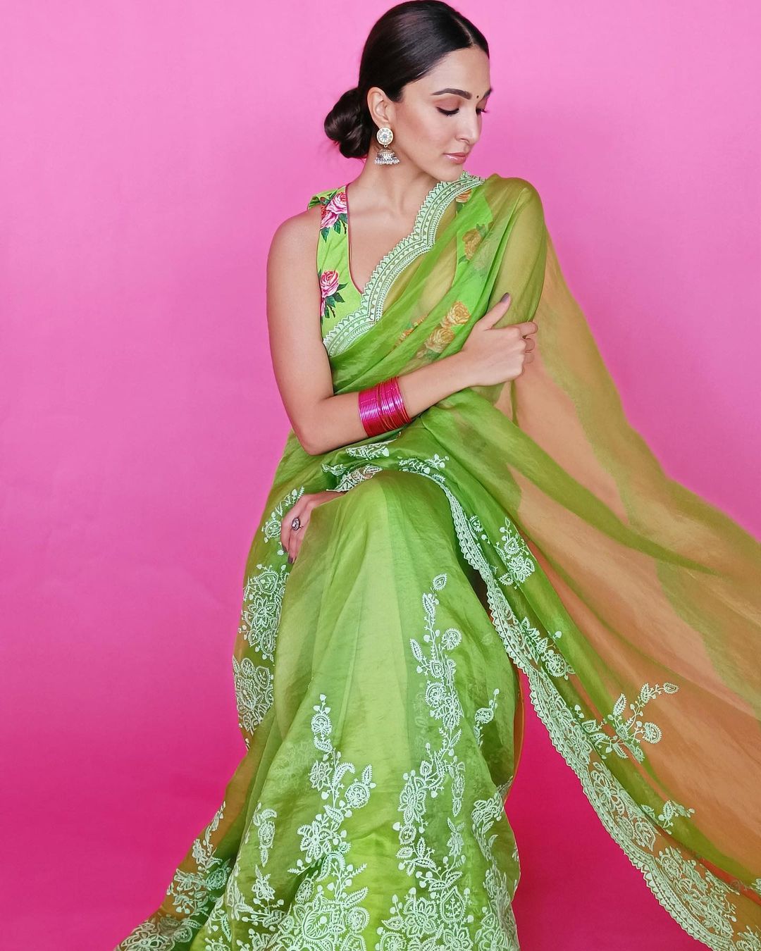 Kiara Advani's Diwali look in green sheer saree