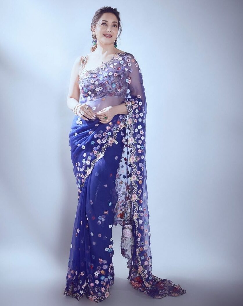 Madhuri DIxit's diwali look in navy blue sheer saree