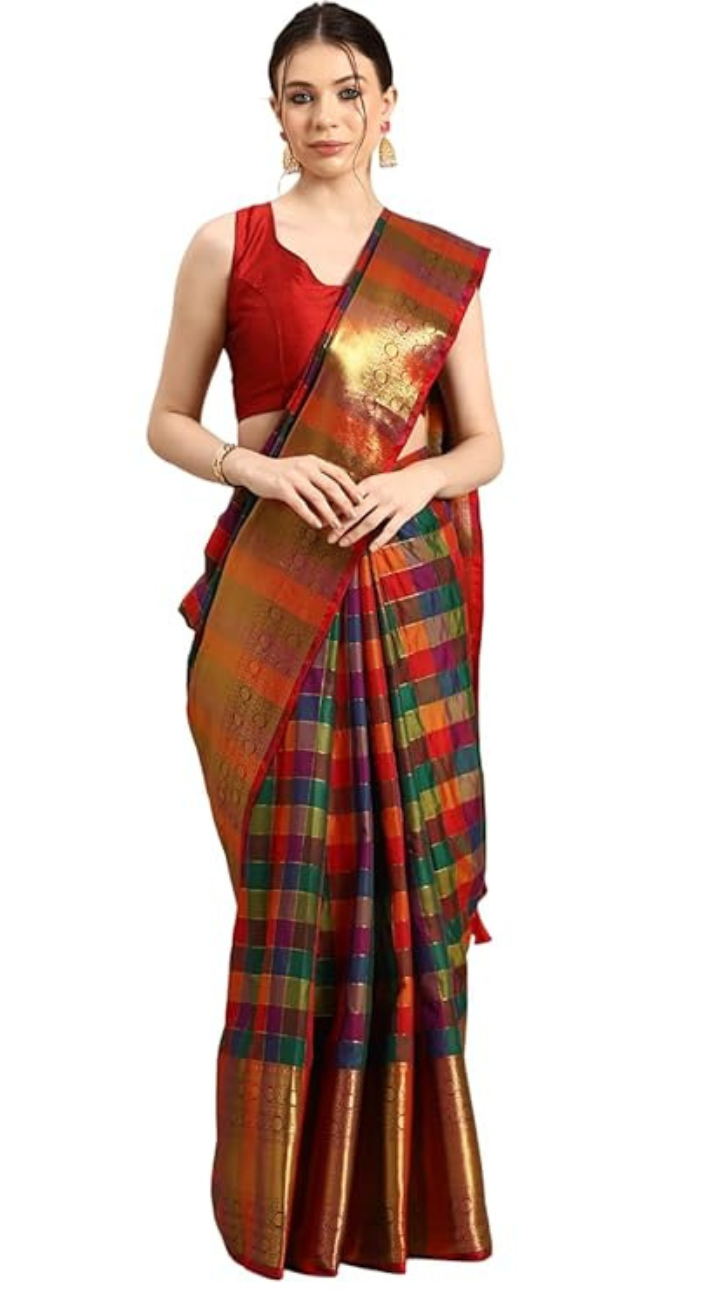 Anarva Women's Silk Kanjivaram Color Block Checks Saree