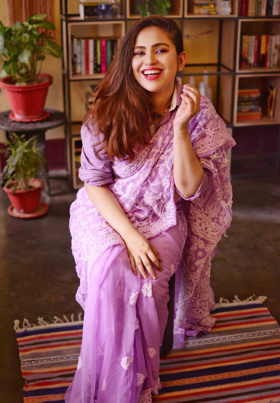 Shayoni in purple chikankari saree