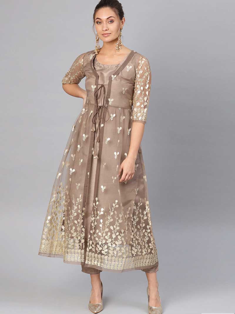 Women-Brown-&-Golden-Printed-Kurta-with-Trousers