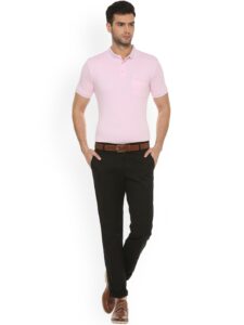 Man in casual attire wearing black chinos and pink tshirt