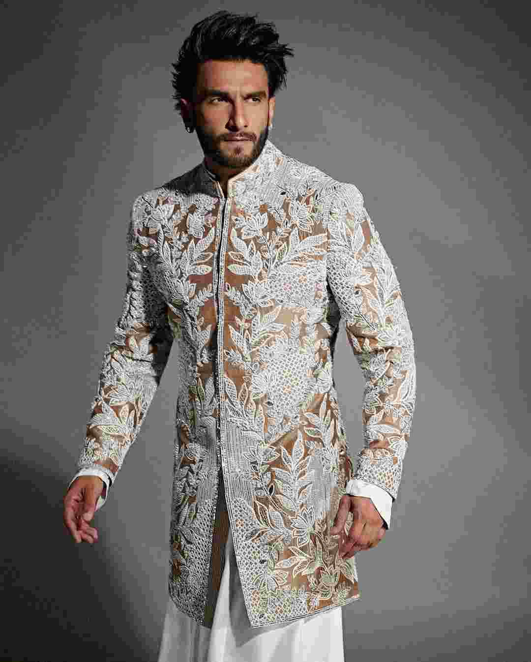 Aryavir Malhotra Pattern Asymmetric With Draped Pant | Men, Sherwanis,  Green, Geometric Butti, Sherwani: Raw Silk, Man… | Types of sleeves, Drape  pants, Aza fashion